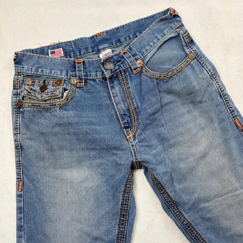 True Religion Ricky Straight Leg Jeans Mens 34x32 Made in USA Light Wash Blue